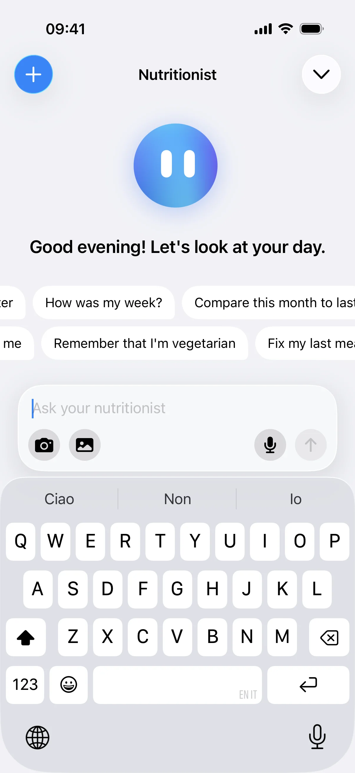 Frulo's AI nutritionist answering a question about the day's meals using the user's own logged calories and macros