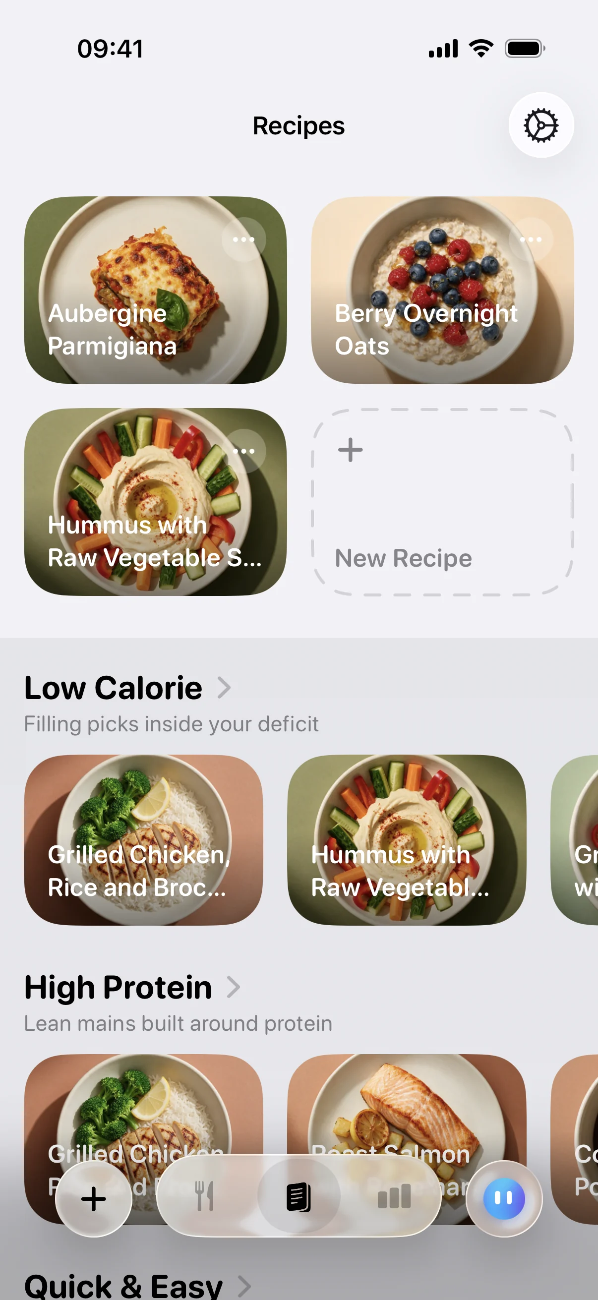 Frulo's healthy recipe library, each recipe listed with its calories and macro breakdown per serving
