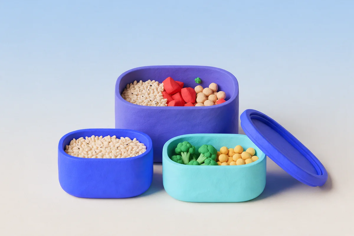 Recipientes de comida e ingredientes organizados para la semana