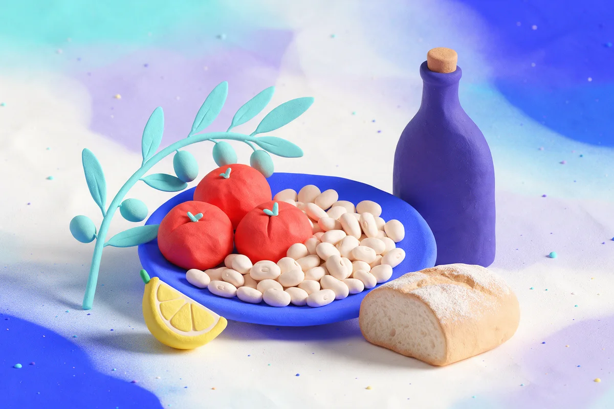 Verduras, legumbres, cereales y aceite de oliva en una mesa mediterránea