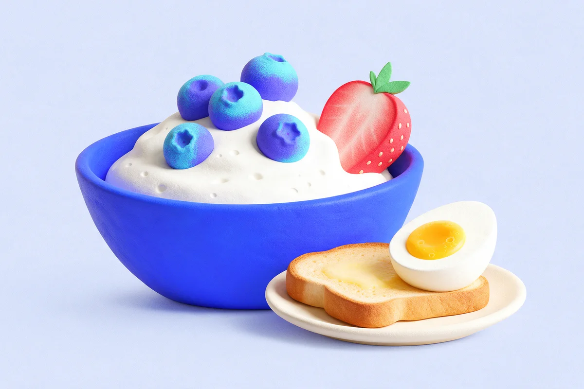 Bol bleu de yaourt aux fruits rouges, tartine et œuf